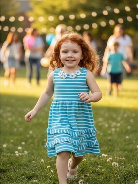 Blue + White Striped Dress with Applique Daisy Neckline | Sundress | Cotton | 6